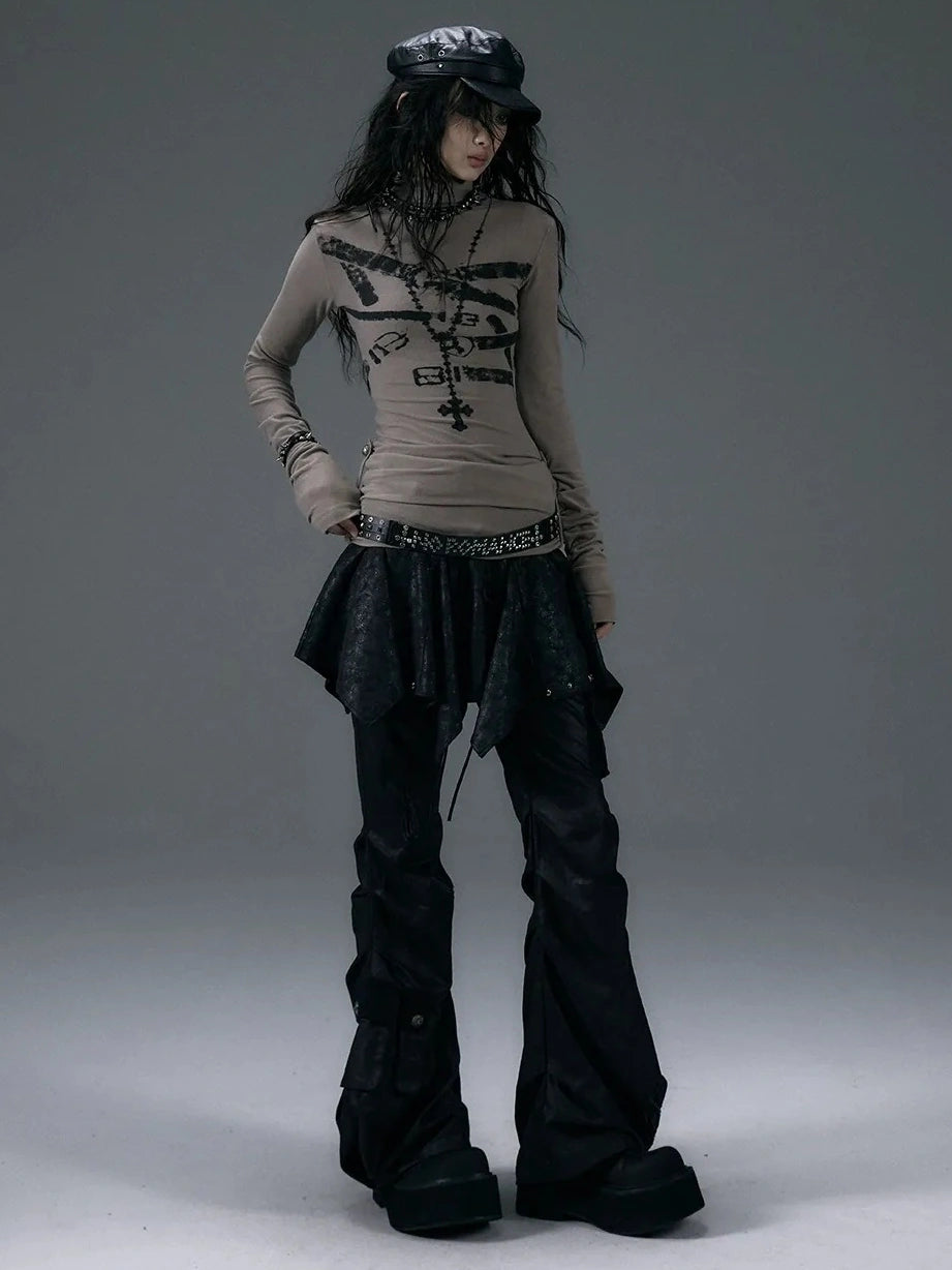 NO ROMANCE Cotton Blend Printed Slim Fit High Neck Long Sleeve Street Punk Women T-Shirt