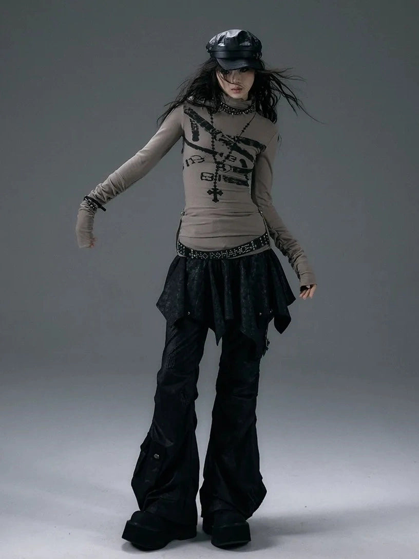 NO ROMANCE Cotton Blend Printed Slim Fit High Neck Long Sleeve Street Punk Women T-Shirt