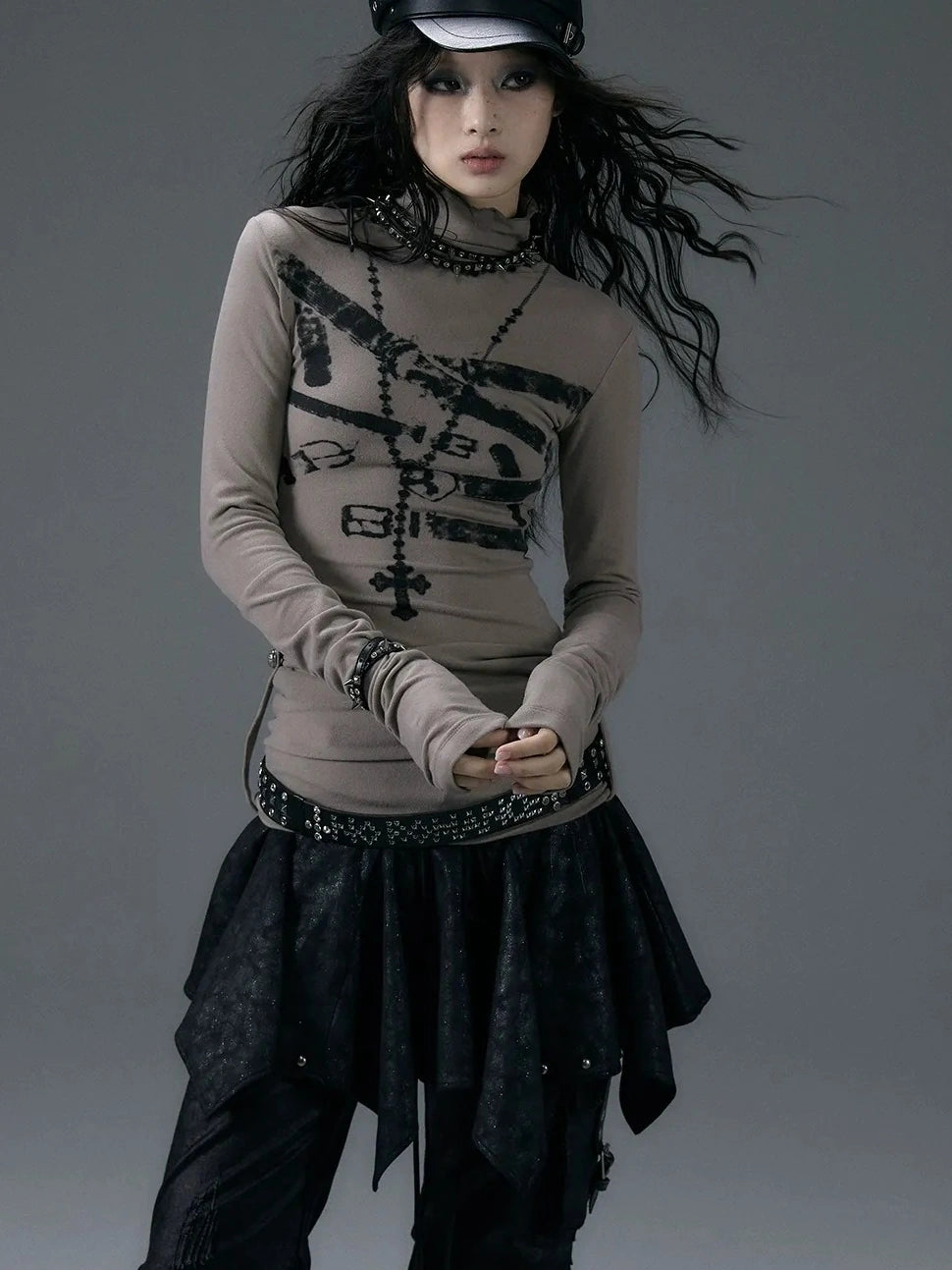 NO ROMANCE Cotton Blend Printed Slim Fit High Neck Long Sleeve Street Punk Women T-Shirt