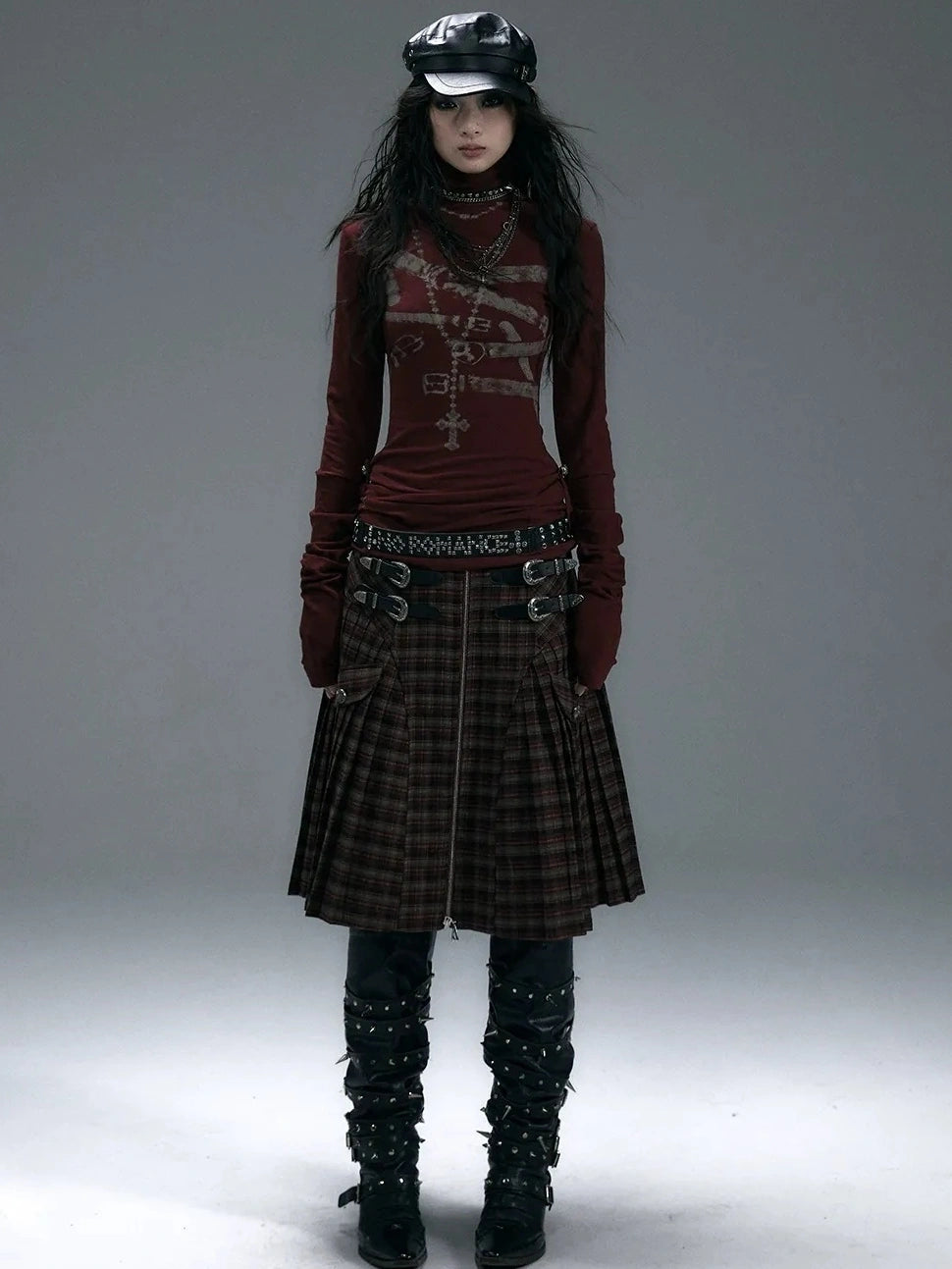 NO ROMANCE Cotton Blend Printed Slim Fit High Neck Long Sleeve Street Punk Women T-Shirt