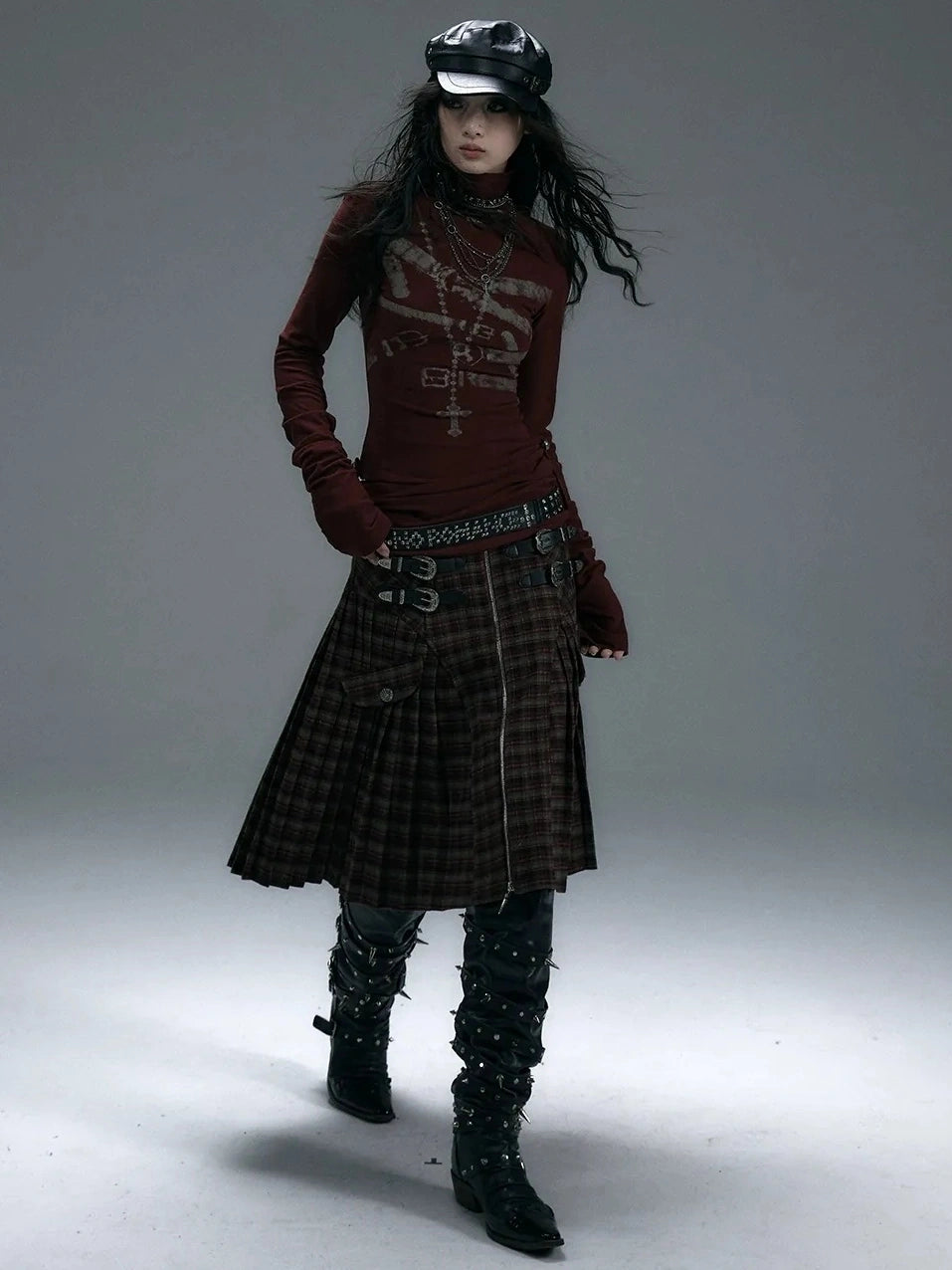 NO ROMANCE Cotton Blend Printed Slim Fit High Neck Long Sleeve Street Punk Women T-Shirt