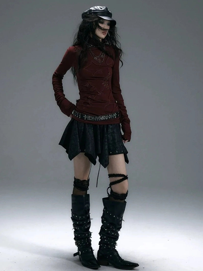 NO ROMANCE Cotton Blend Printed Slim Fit High Neck Long Sleeve Street Punk Women T-Shirt