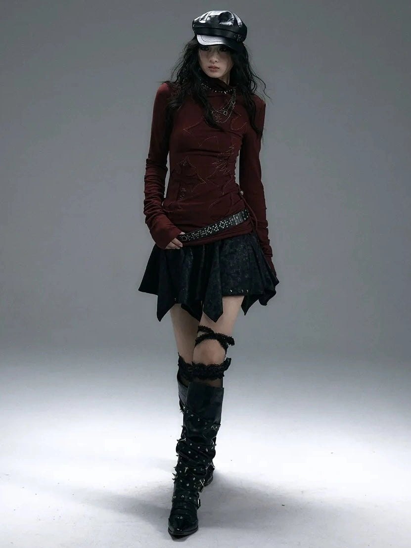 NO ROMANCE Cotton Blend Printed Slim Fit High Neck Long Sleeve Street Punk Women T-Shirt