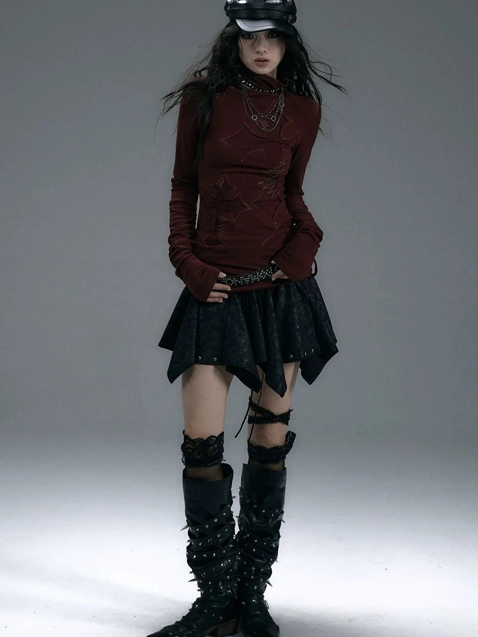 NO ROMANCE Cotton Blend Printed Slim Fit High Neck Long Sleeve Street Punk Women T-Shirt