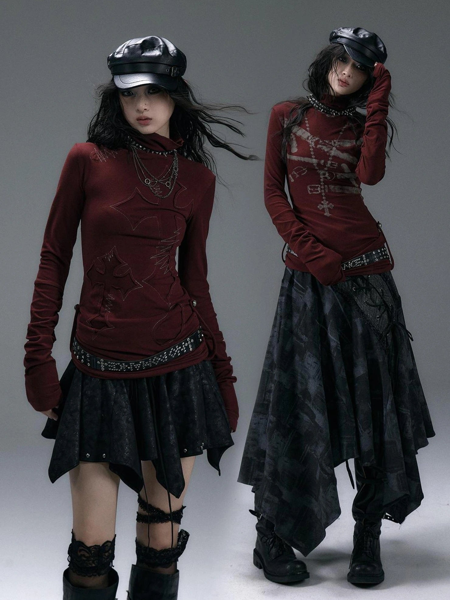 NO ROMANCE Cotton Blend Printed Slim Fit High Neck Long Sleeve Street Punk Women T-Shirt