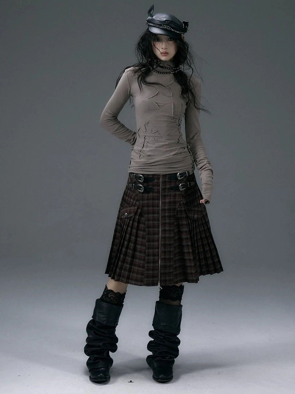 NO ROMANCE Cotton Blend Printed Slim Fit High Neck Long Sleeve Street Punk Women T-Shirt