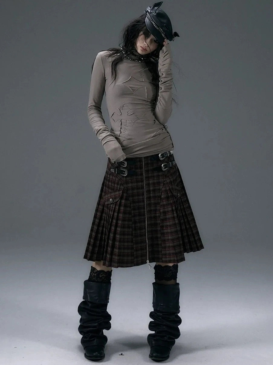 NO ROMANCE Cotton Blend Printed Slim Fit High Neck Long Sleeve Street Punk Women T-Shirt