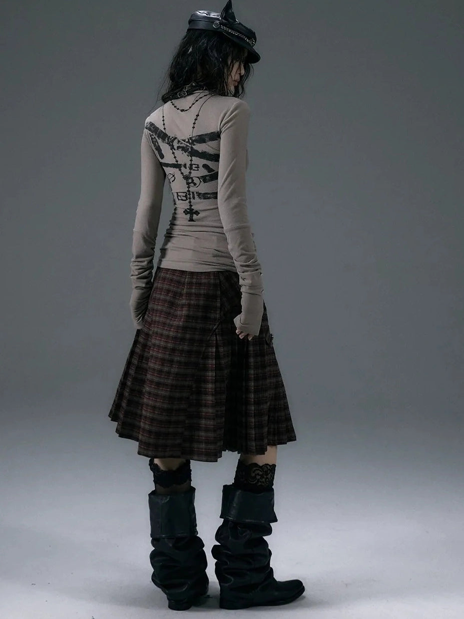 NO ROMANCE Cotton Blend Printed Slim Fit High Neck Long Sleeve Street Punk Women T-Shirt