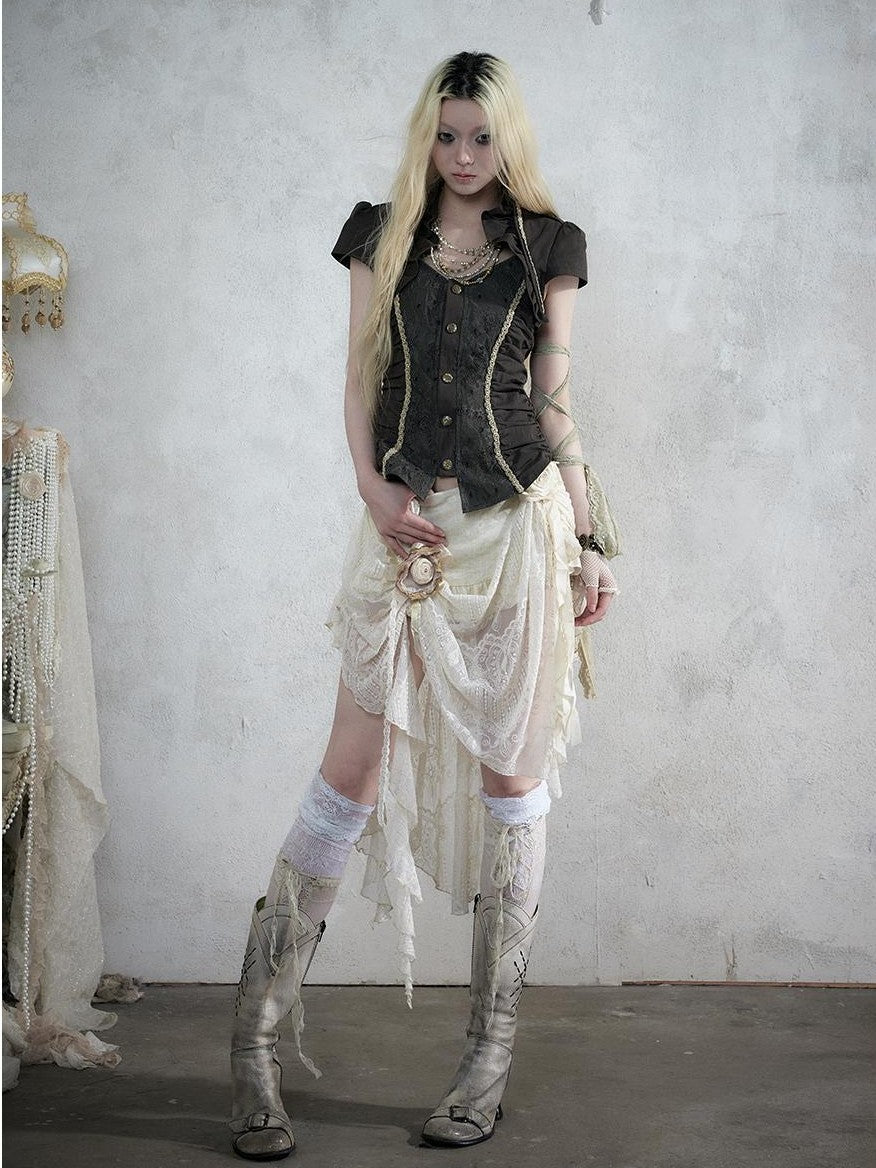 NO ROMANCE Court Lace Spliced Ruched Waist Short Sleeve Women&