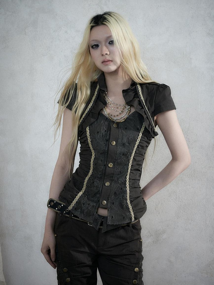 NO ROMANCE Court Lace Spliced Ruched Waist Short Sleeve Women&