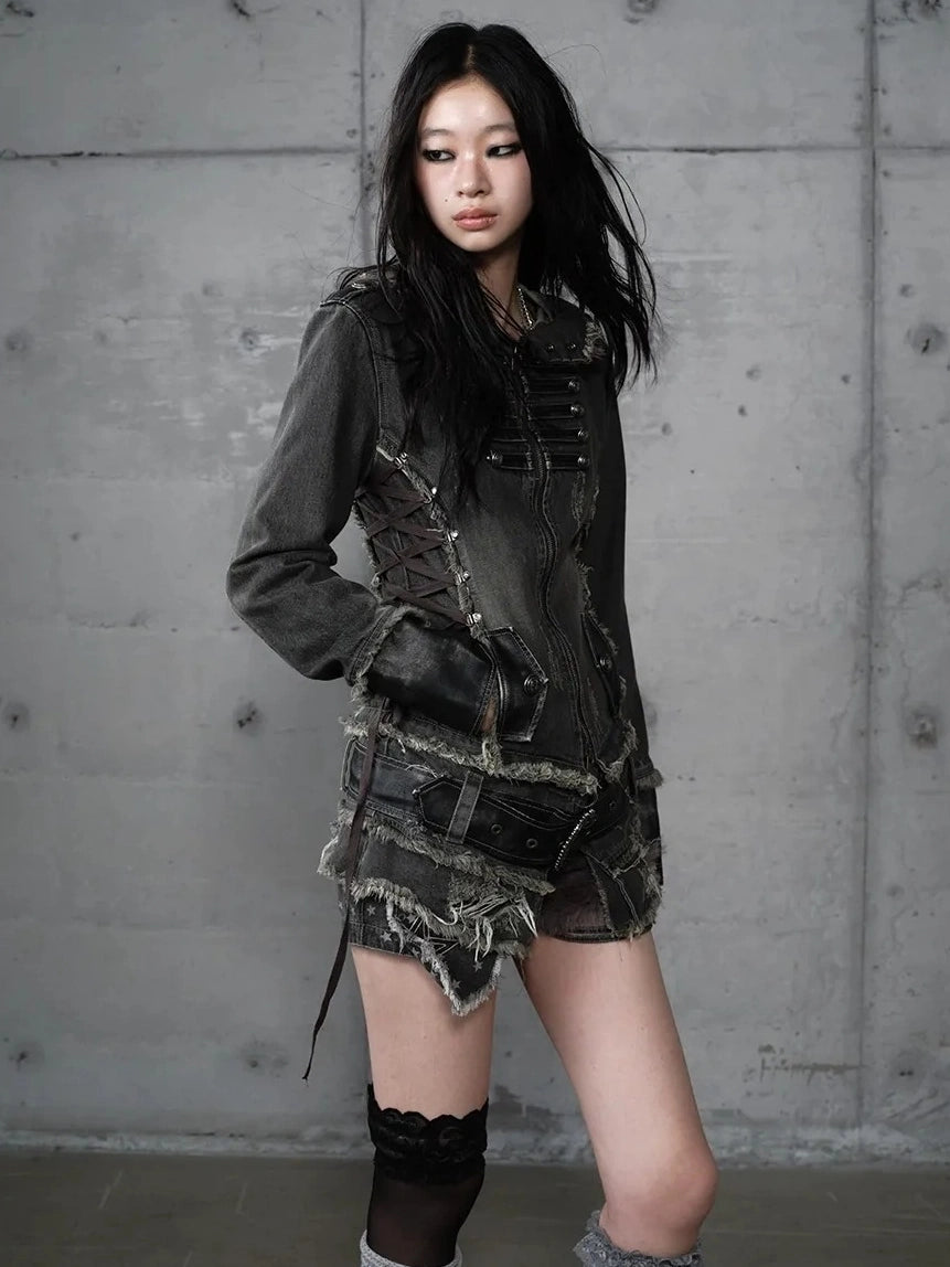 NO ROMANCE Detachable Hood Zip Front Slim Fit Palace Style Women All Cotton Denim Jacket