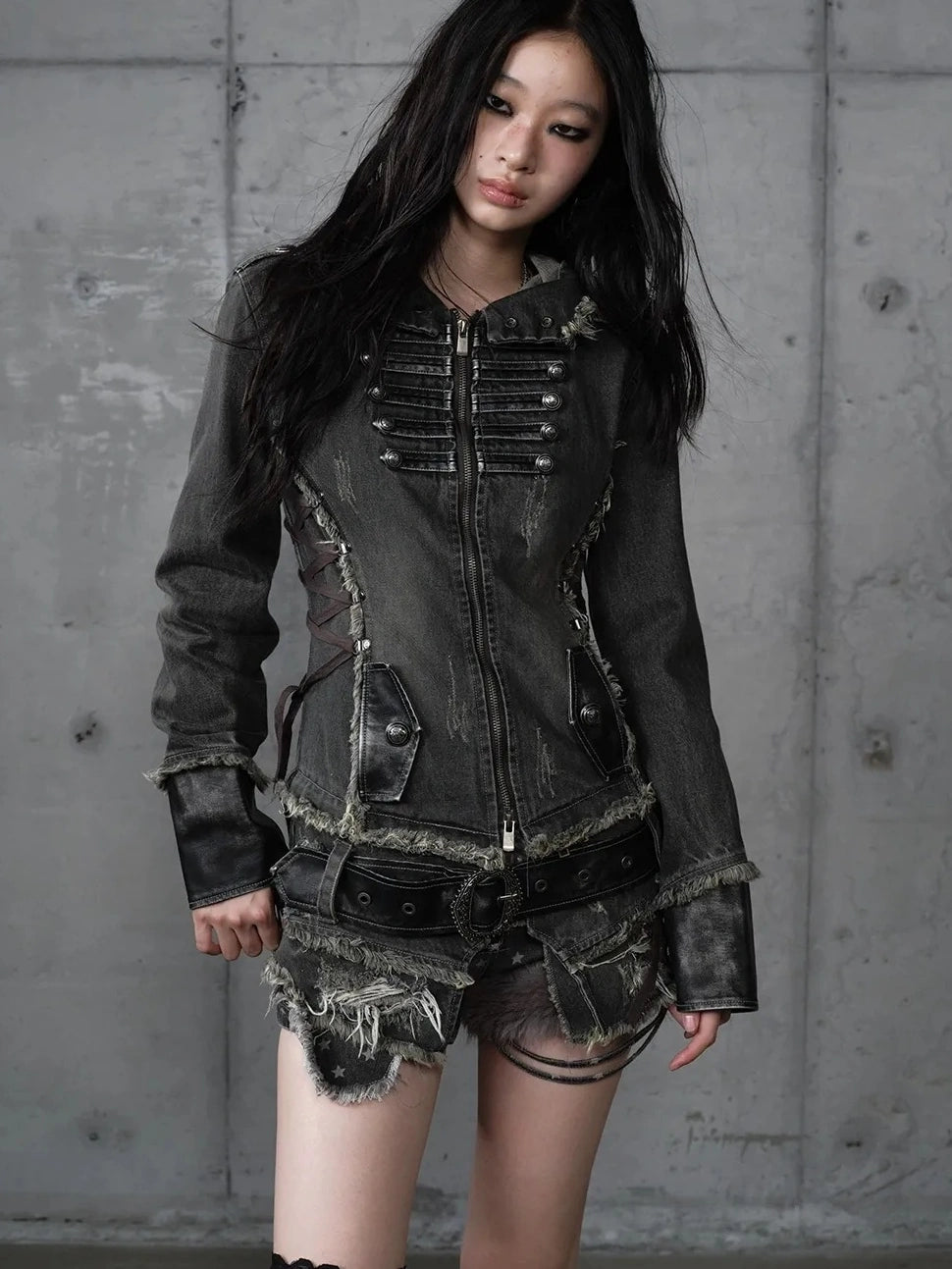 NO ROMANCE Detachable Hood Zip Front Slim Fit Palace Style Women All Cotton Denim Jacket