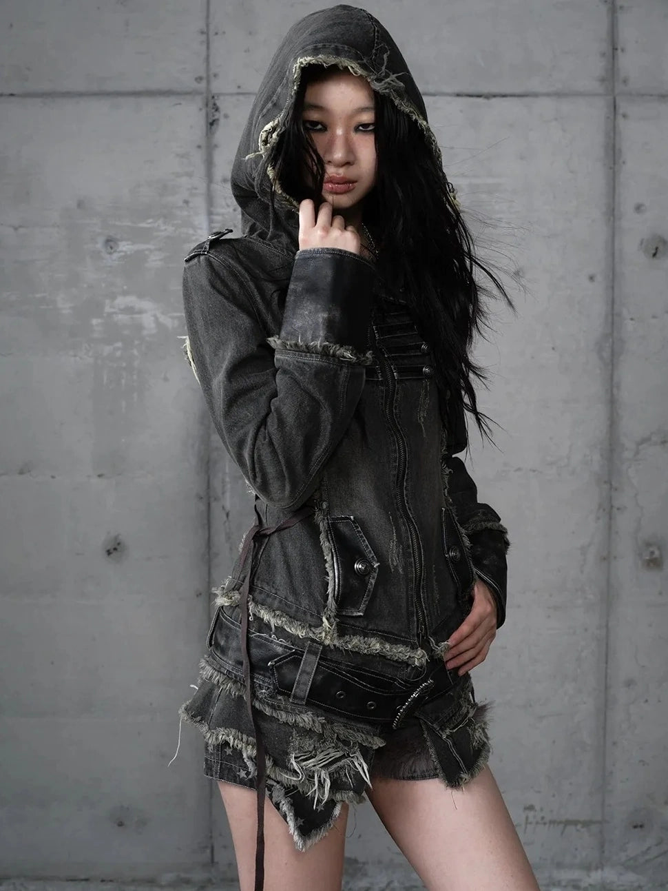 NO ROMANCE Detachable Hood Zip Front Slim Fit Palace Style Women All Cotton Denim Jacket