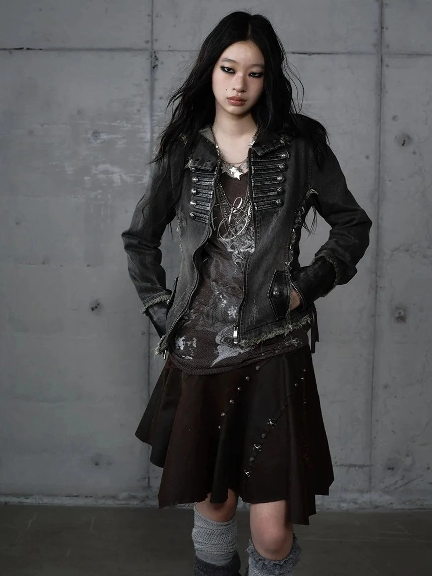 NO ROMANCE Detachable Hood Zip Front Slim Fit Palace Style Women All Cotton Denim Jacket