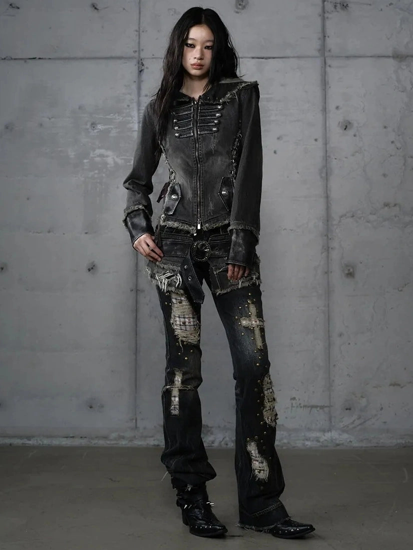 NO ROMANCE Detachable Hood Zip Front Slim Fit Palace Style Women All Cotton Denim Jacket