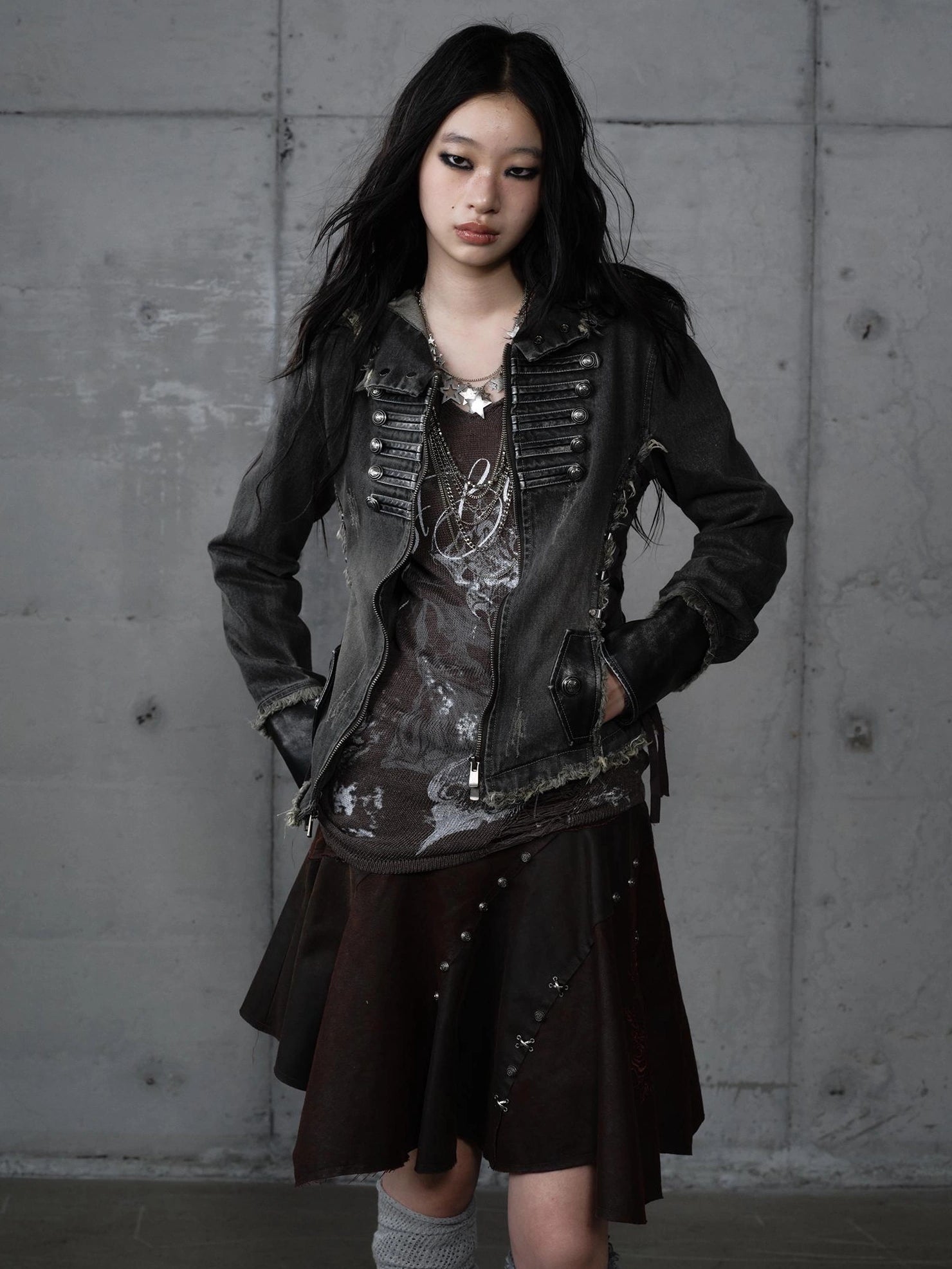 NO ROMANCE Detachable Hood Zip Front Slim Fit Palace Style Women All Cotton Denim Jacket