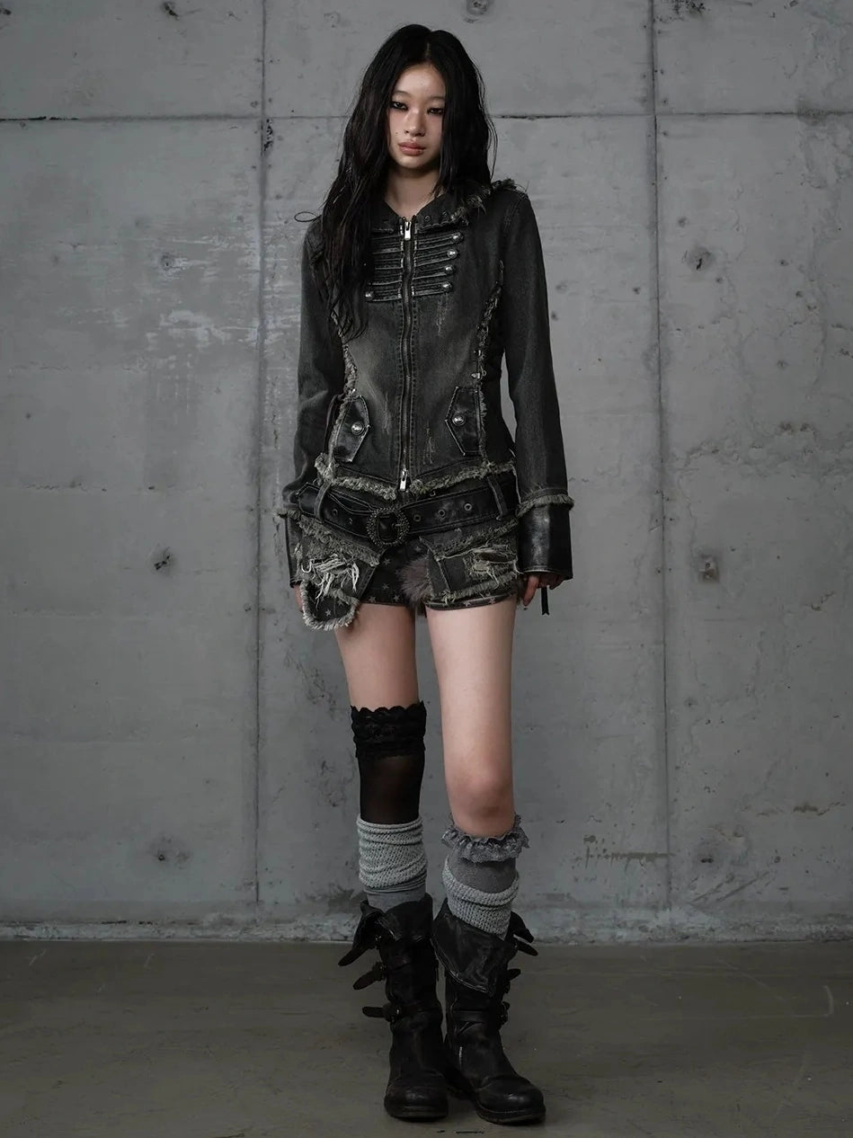 NO ROMANCE Detachable Hood Zip Front Slim Fit Palace Style Women All Cotton Denim Jacket