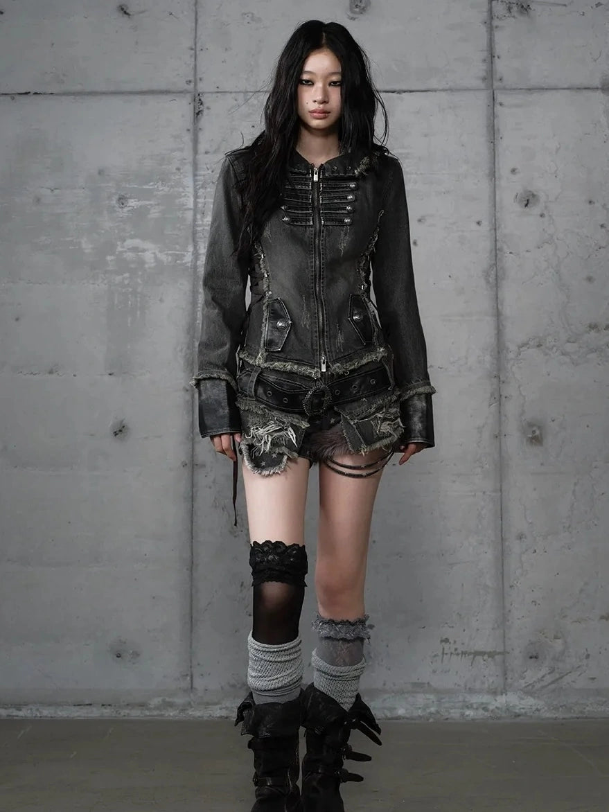 NO ROMANCE Detachable Hood Zip Front Slim Fit Palace Style Women All Cotton Denim Jacket