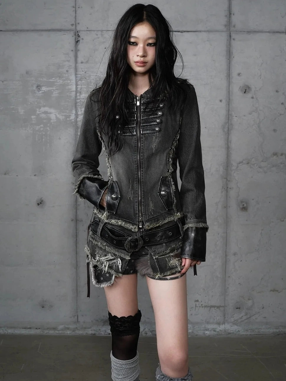 NO ROMANCE Detachable Hood Zip Front Slim Fit Palace Style Women All Cotton Denim Jacket