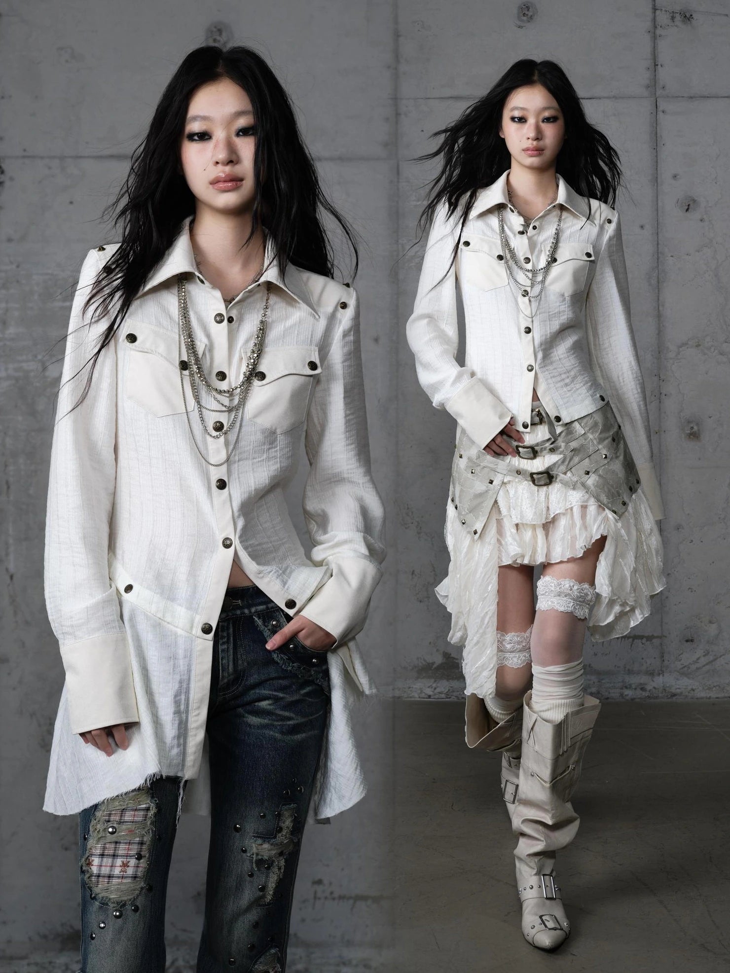 Detachable Patchwork Punk Fitted Women Long Sleeve Turn Down Collar Shirt