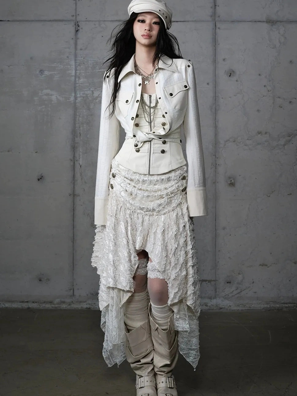 Detachable Patchwork Punk Fitted Women Long Sleeve Turn Down Collar Shirt