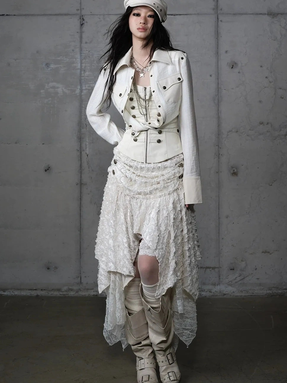 Detachable Patchwork Punk Fitted Women Long Sleeve Turn Down Collar Shirt