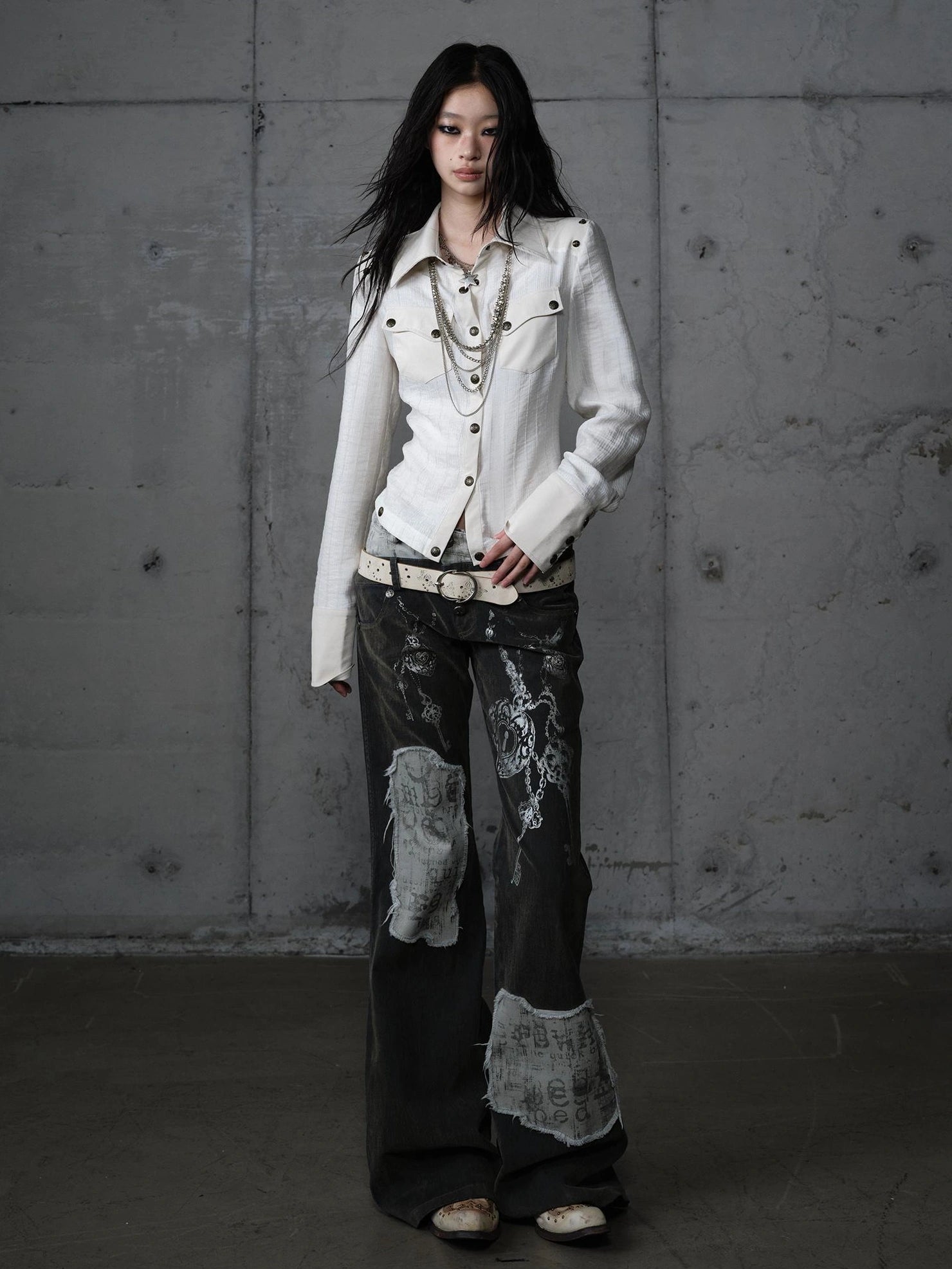 Detachable Patchwork Punk Fitted Women Long Sleeve Turn Down Collar Shirt