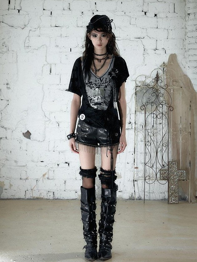 NO ROMANCE Distressed Black Metal Buckle Chain Strap Low Waist Women&