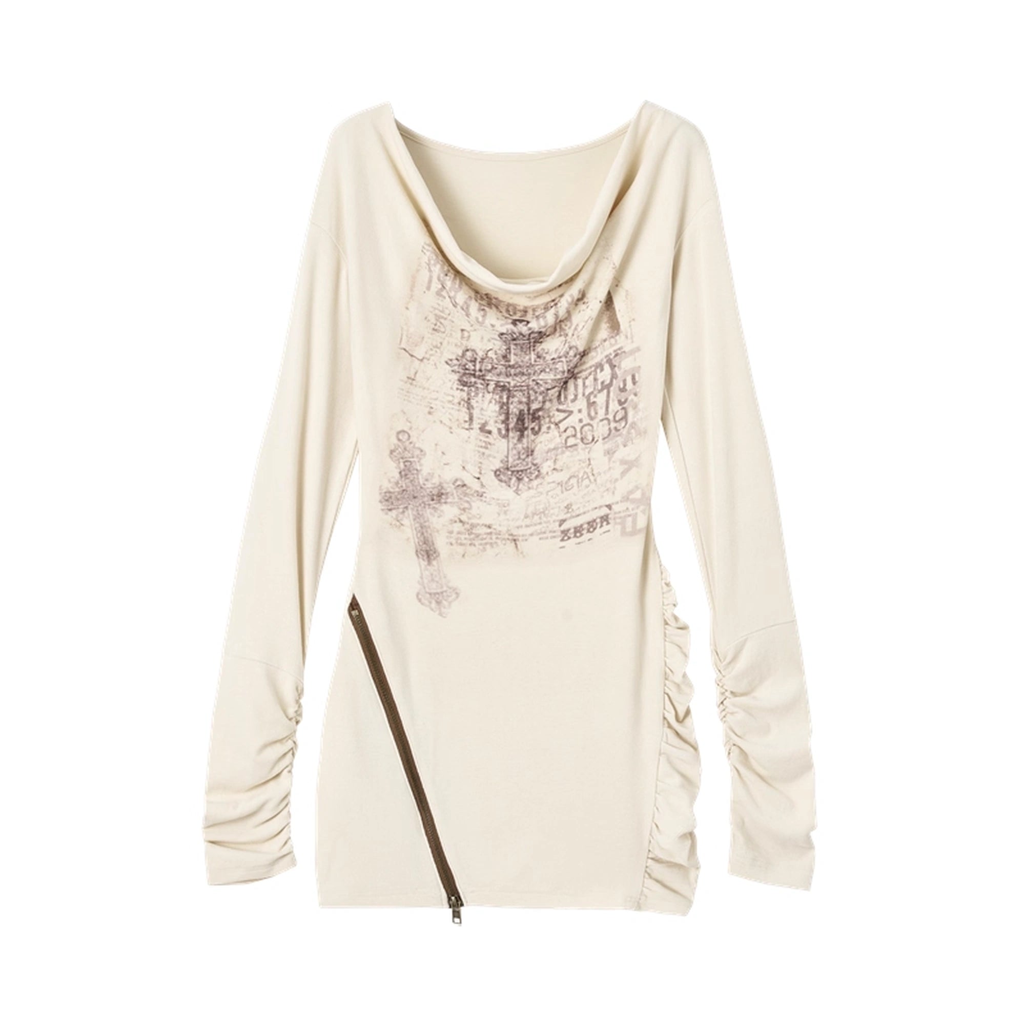 NO_ROMANCE_Distressed_Dual_Zipper_Slim_Punk_Bardot_Neck_Beige_Cotton_T-Shirt_MISSTT