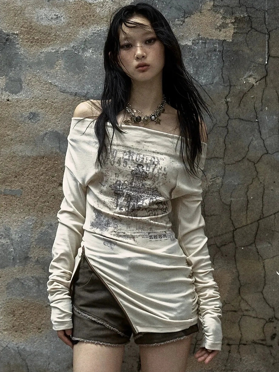 NO ROMANCE Distressed Dual Zipper Slim Punk Bardot Neck Beige Cotton T-Shirt