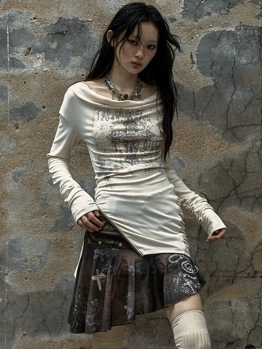 NO ROMANCE Distressed Dual Zipper Slim Punk Bardot Neck Beige Cotton T-Shirt