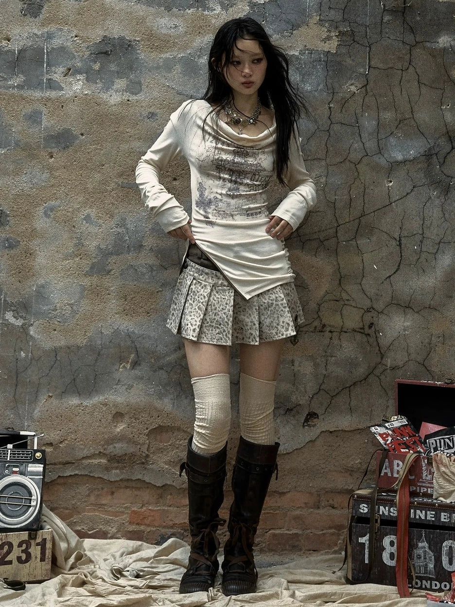 NO ROMANCE Distressed Dual Zipper Slim Punk Bardot Neck Beige Cotton T-Shirt