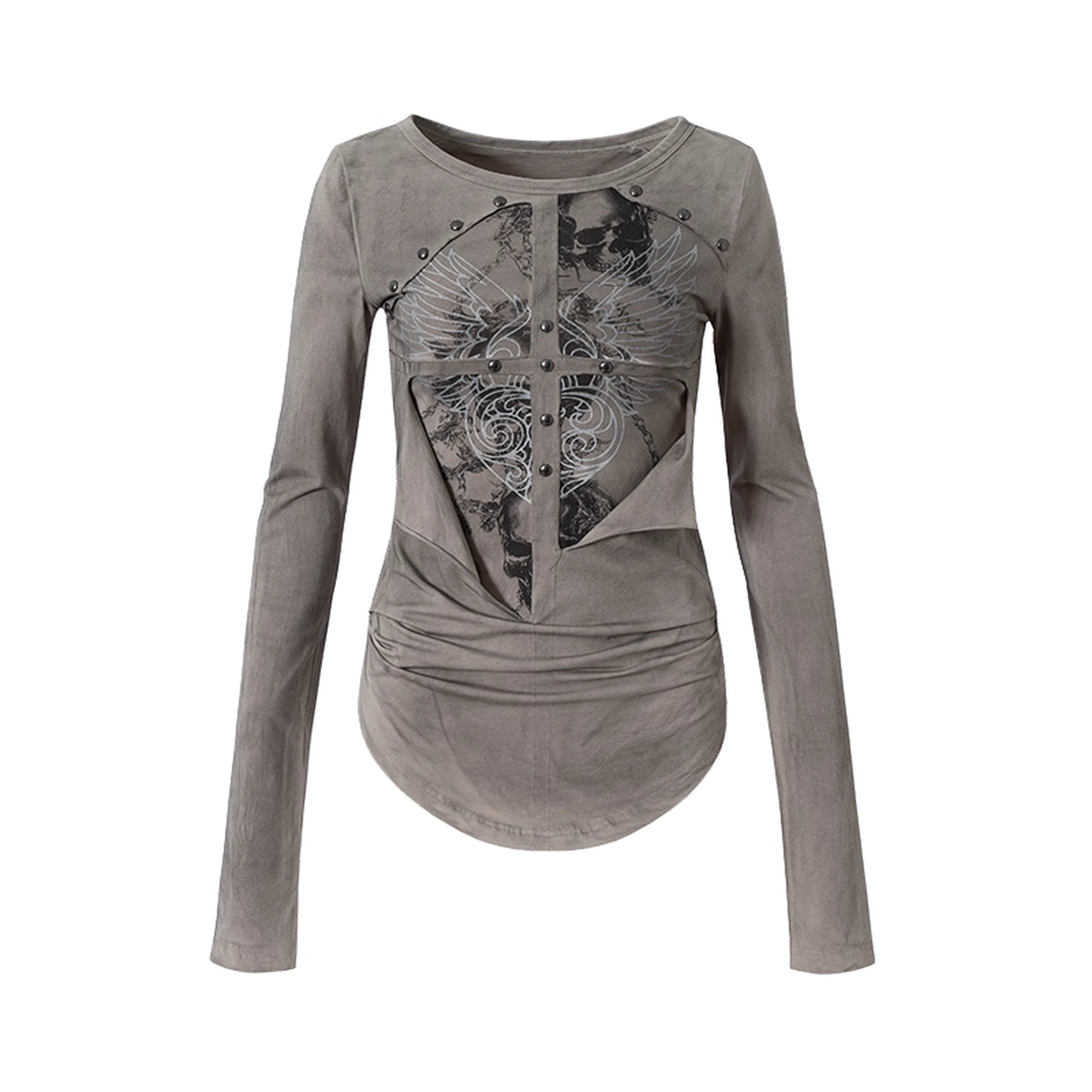 NO_ROMANCE_Distressed_Graphic_Punk_Slim_Fit_Long_Sleeve_Crew_Neck_Women_Gray_Cotton_T-Shirt_MISSTT