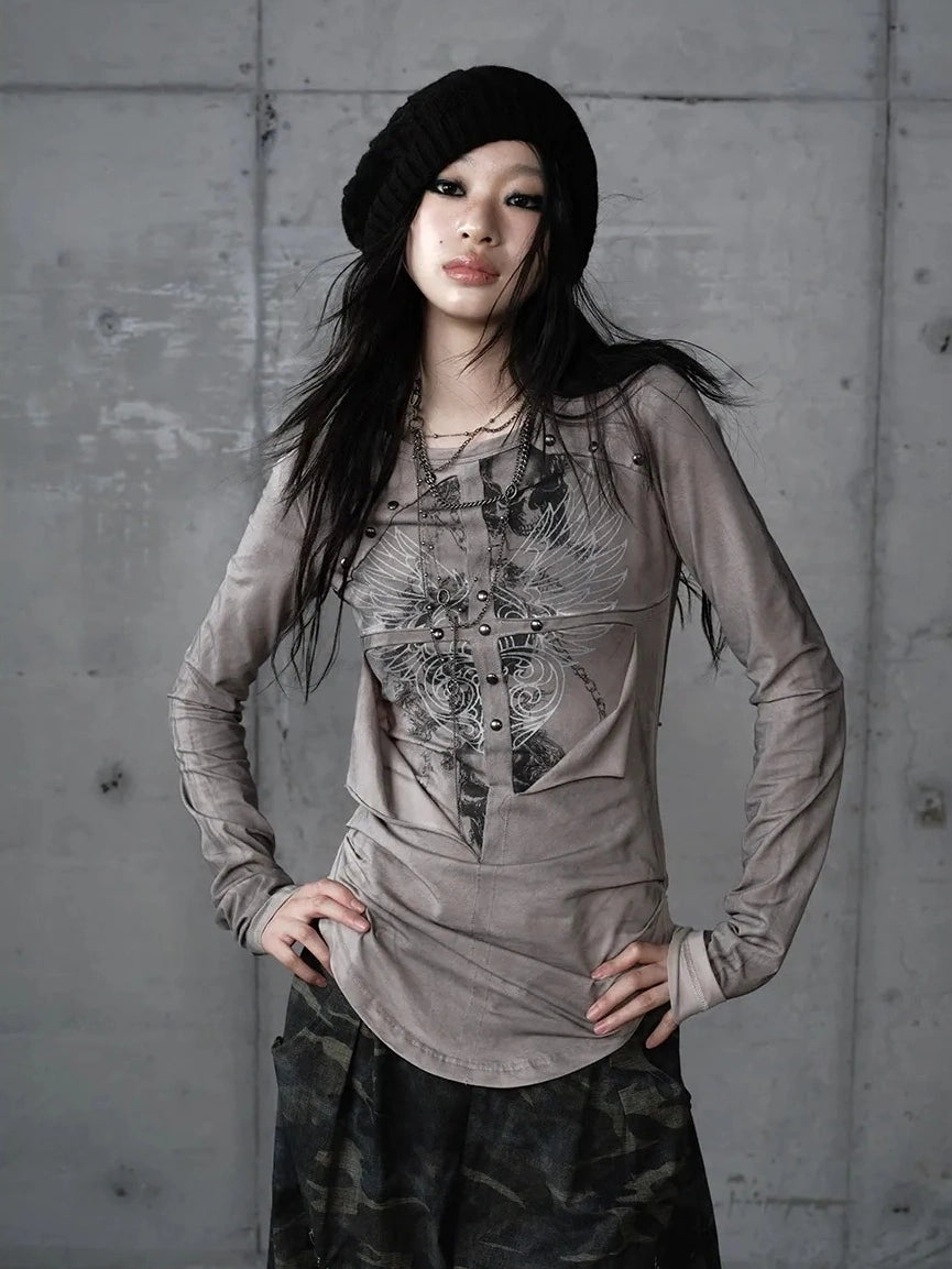 NO ROMANCE Distressed Graphic Punk Slim Fit Long Sleeve Crew Neck Women Gray Cotton T-Shirt