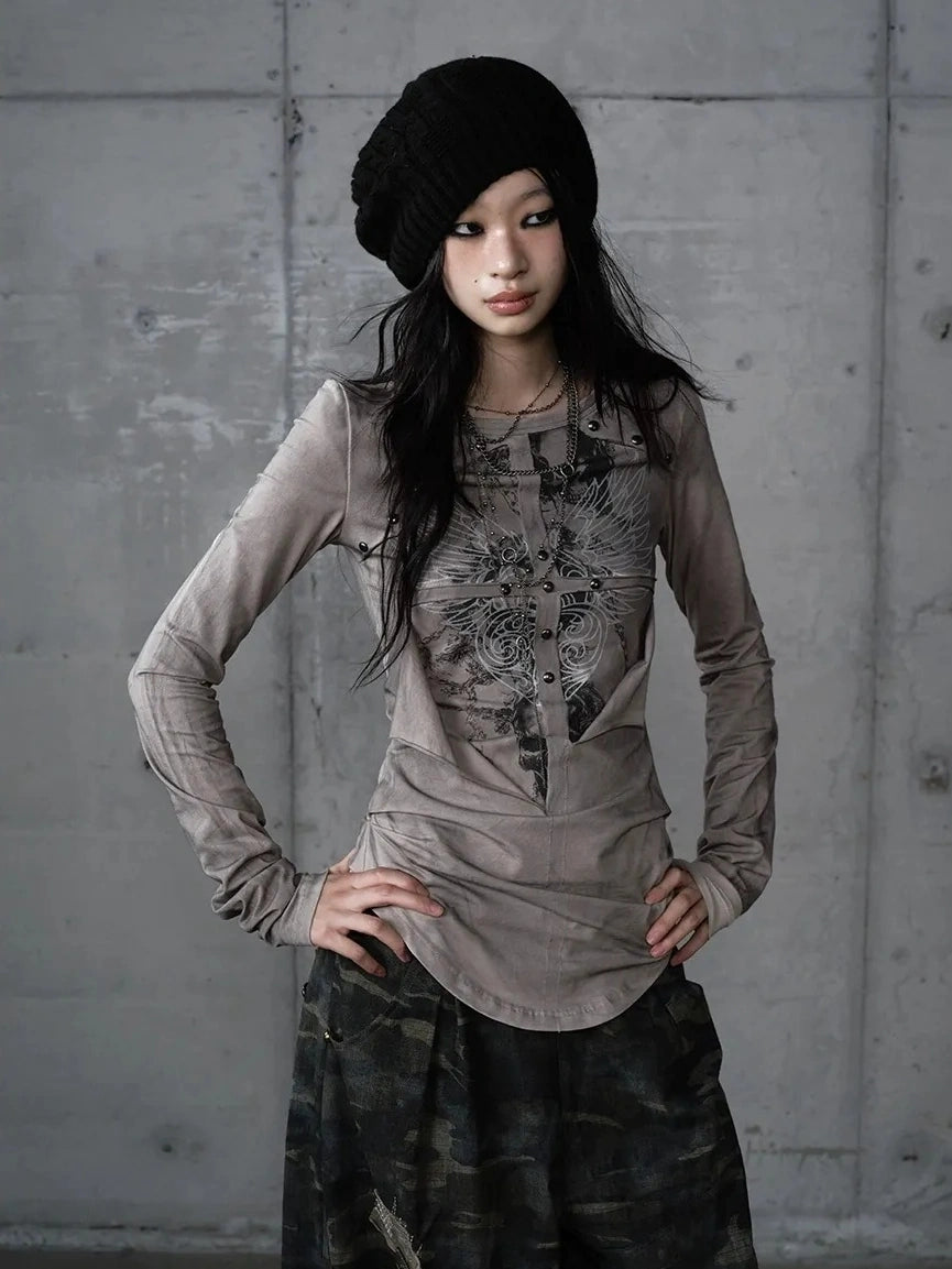 NO ROMANCE Distressed Graphic Punk Slim Fit Long Sleeve Crew Neck Women Gray Cotton T-Shirt