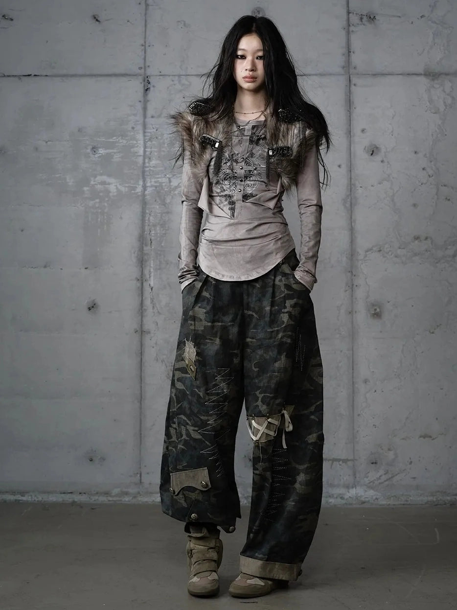 NO ROMANCE Distressed Graphic Punk Slim Fit Long Sleeve Crew Neck Women Gray Cotton T-Shirt