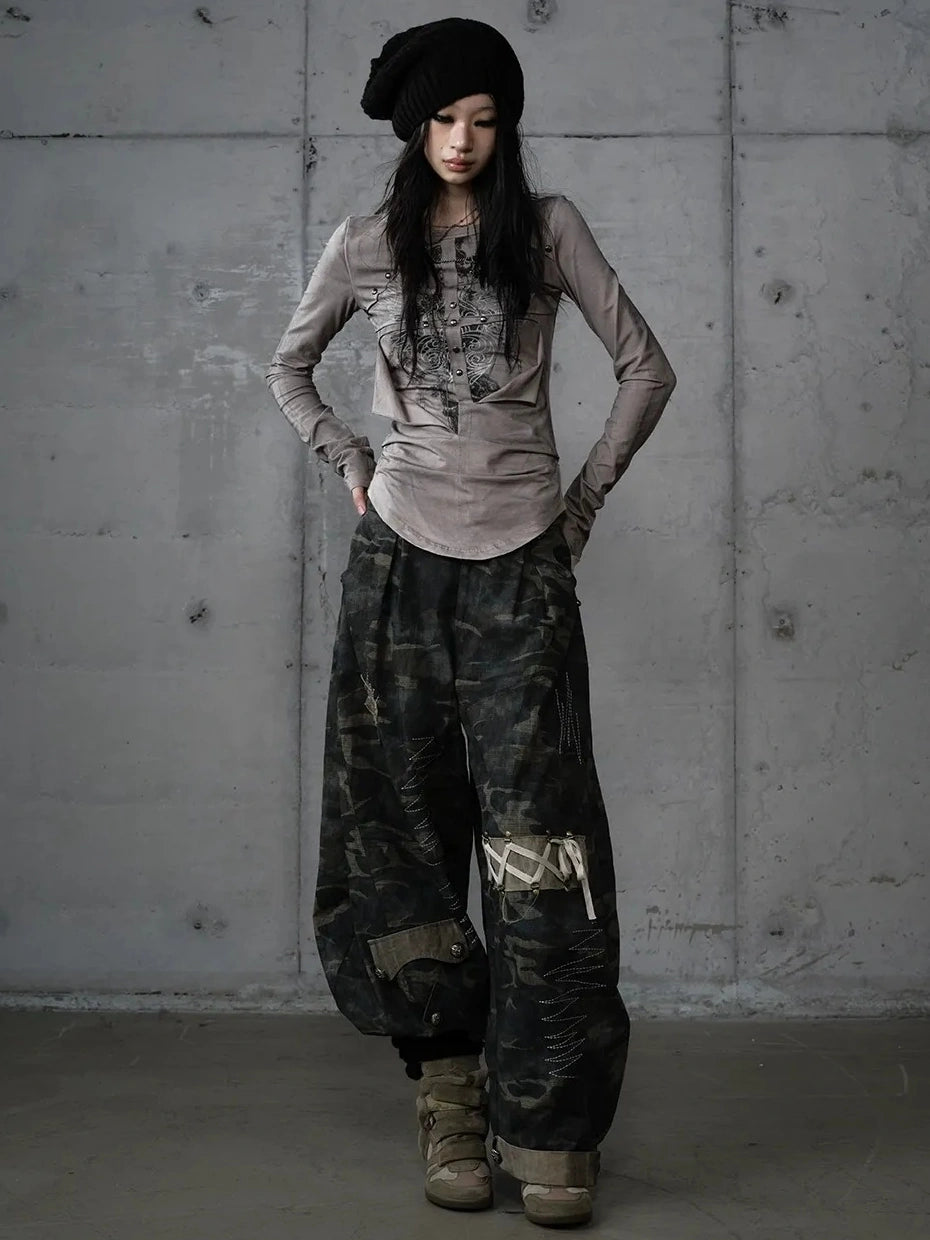 NO ROMANCE Distressed Graphic Punk Slim Fit Long Sleeve Crew Neck Women Gray Cotton T-Shirt