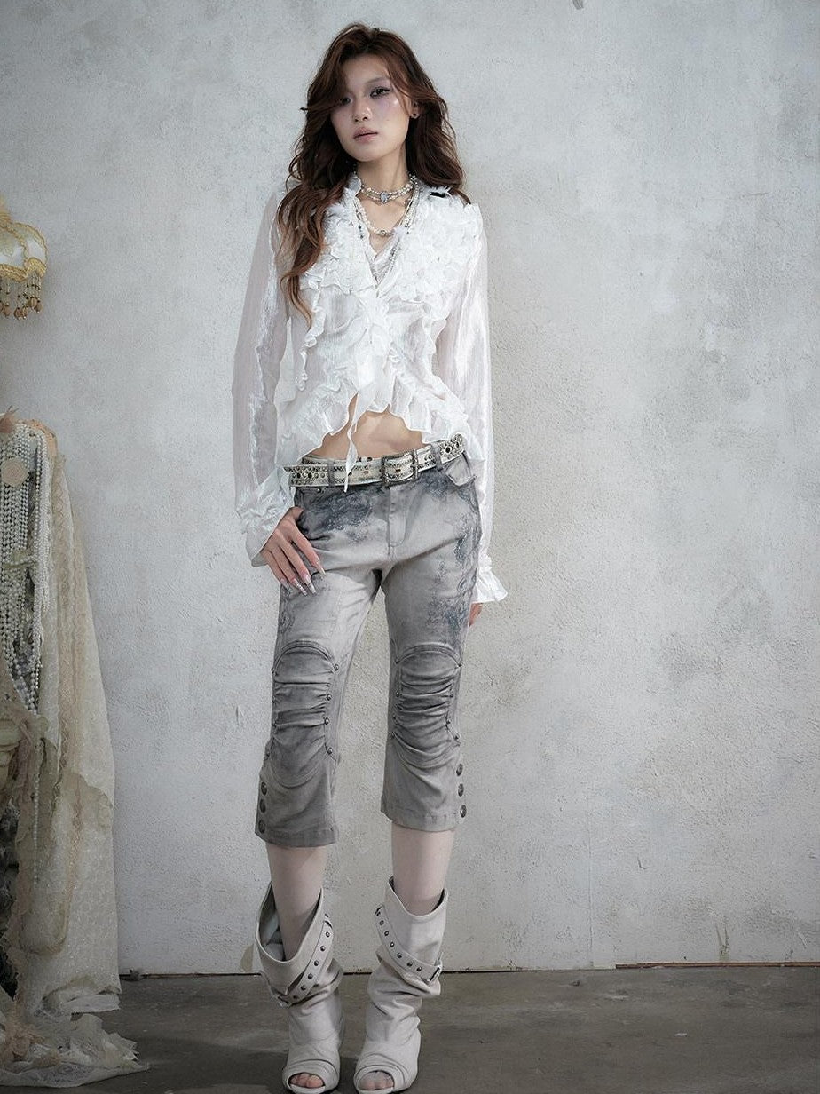 NO ROMANCE Distressed Lace Print Slim Fit Women&