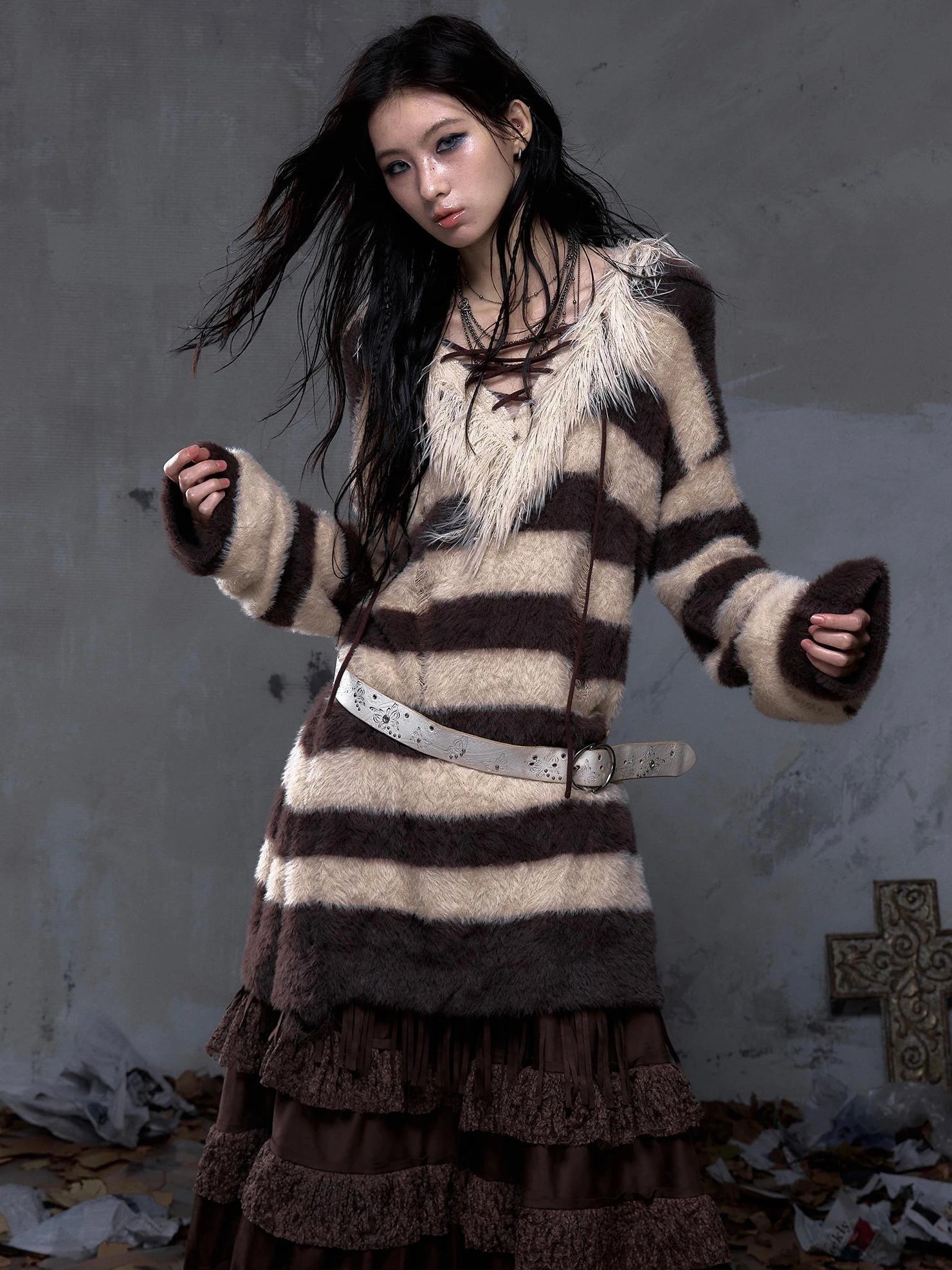 NO ROMANCE Distressed Striped Oversized Pullover Long Sleeve Vintage Women Knit Sweater