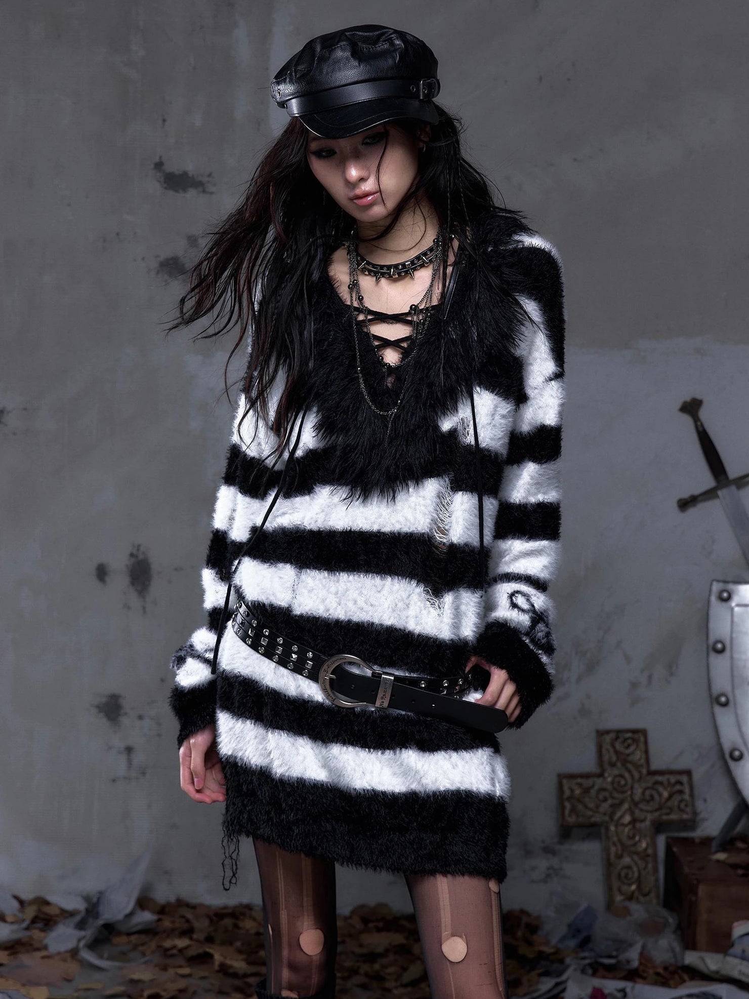 NO ROMANCE Distressed Striped Oversized Pullover Long Sleeve Vintage Women Knit Sweater