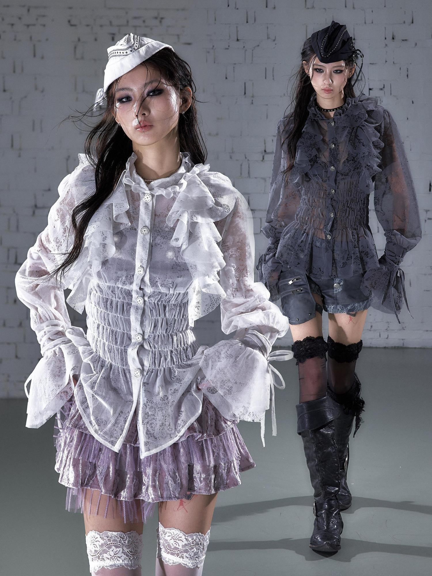 NO ROMANCE Dreamy Court Ruffle Gathered Waist Stand Collar Women&