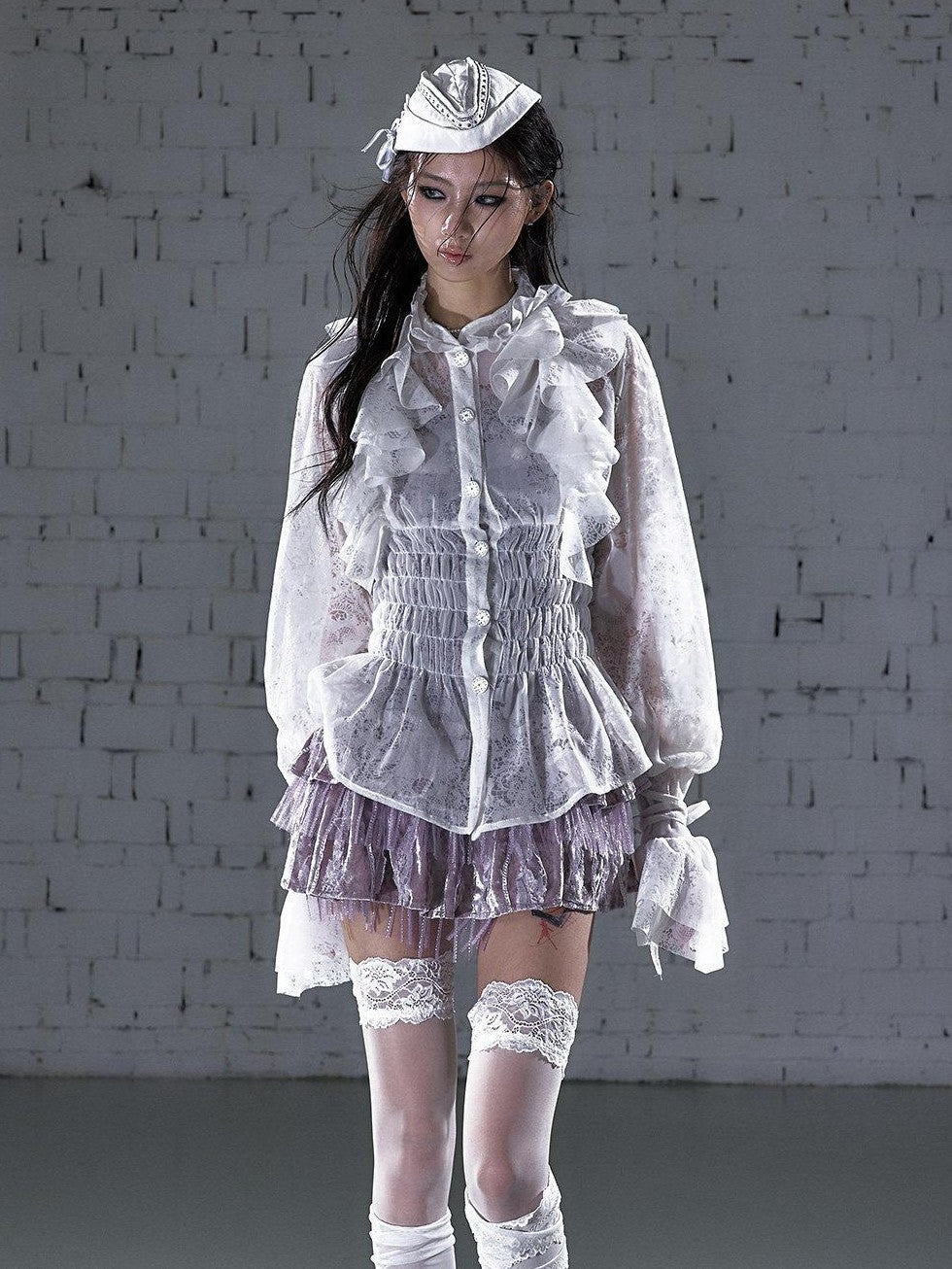 NO ROMANCE Dreamy Court Ruffle Gathered Waist Stand Collar Women&