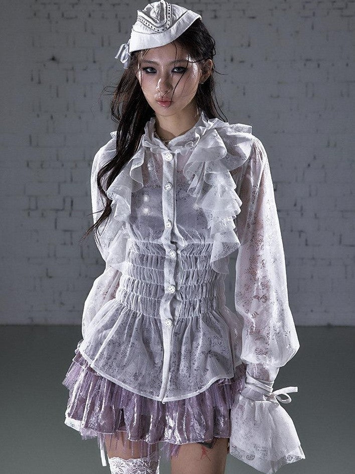 NO ROMANCE Dreamy Court Ruffle Gathered Waist Stand Collar Women&