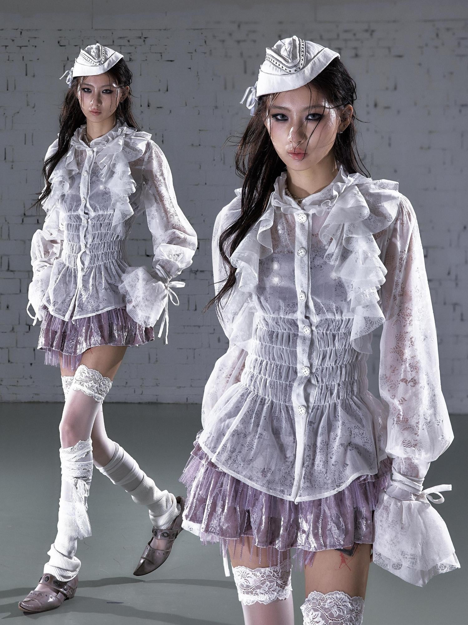 NO ROMANCE Dreamy Court Ruffle Gathered Waist Stand Collar Women&