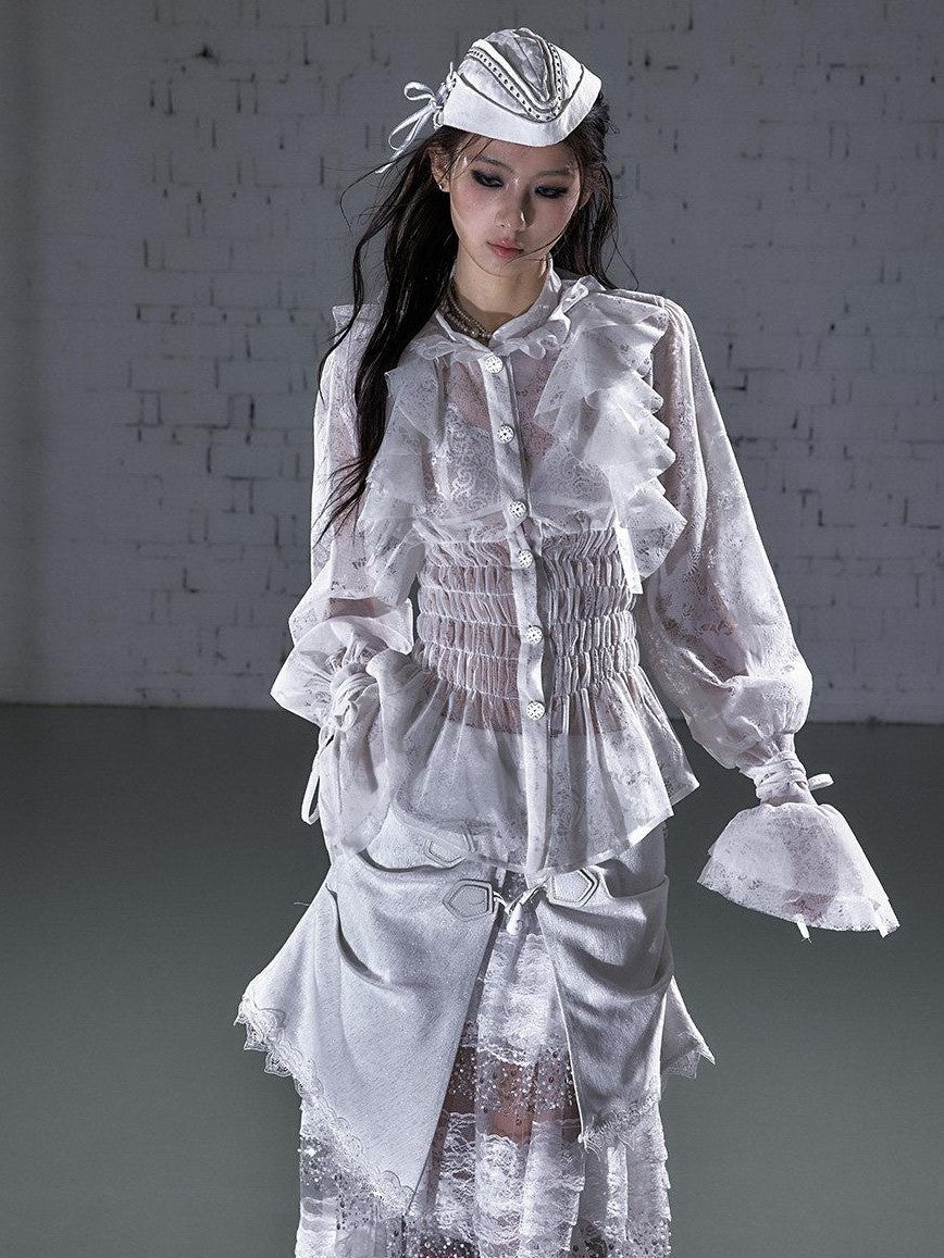 NO ROMANCE Dreamy Court Ruffle Gathered Waist Stand Collar Women&