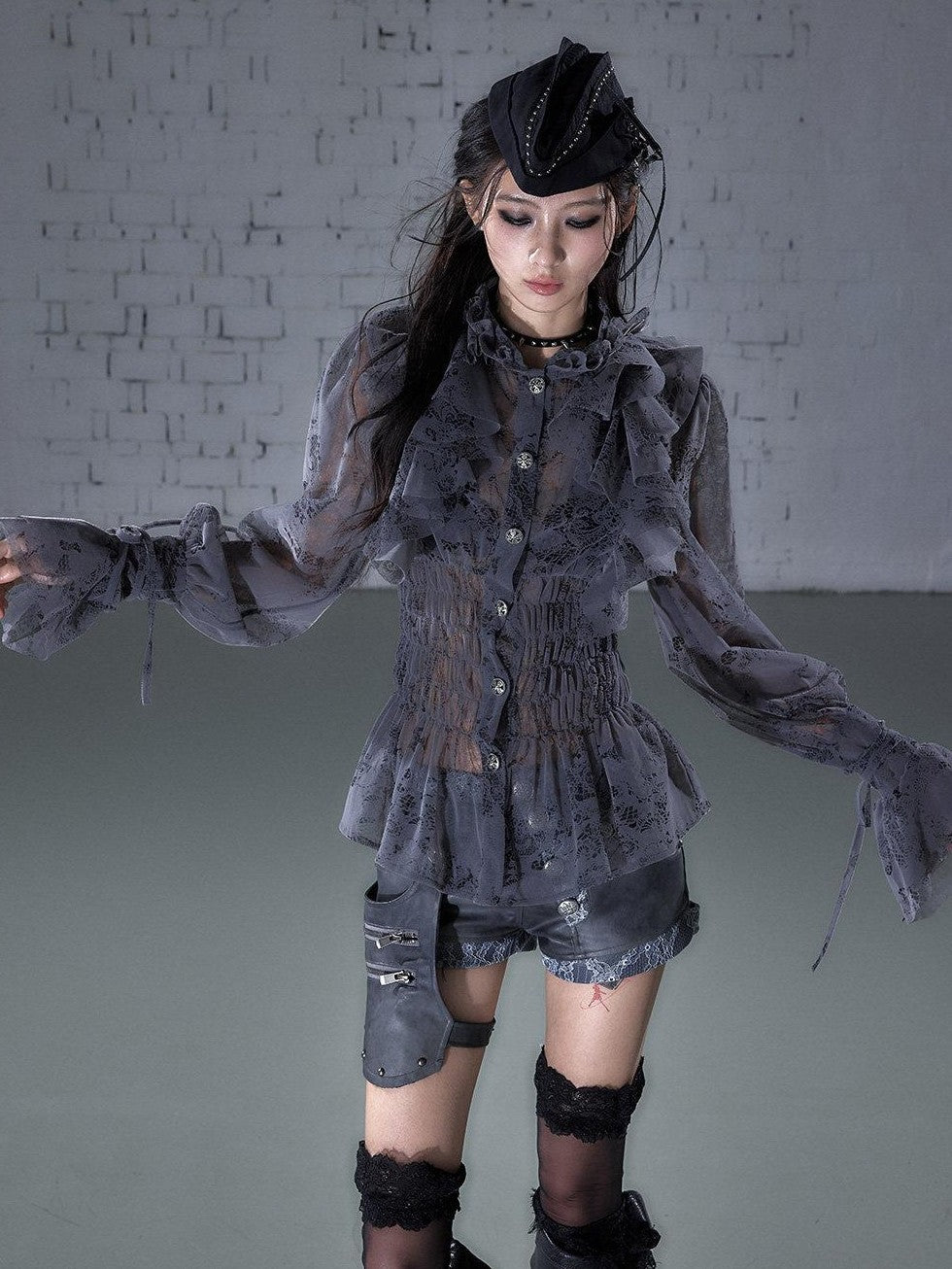 NO ROMANCE Dreamy Court Ruffle Gathered Waist Stand Collar Women&
