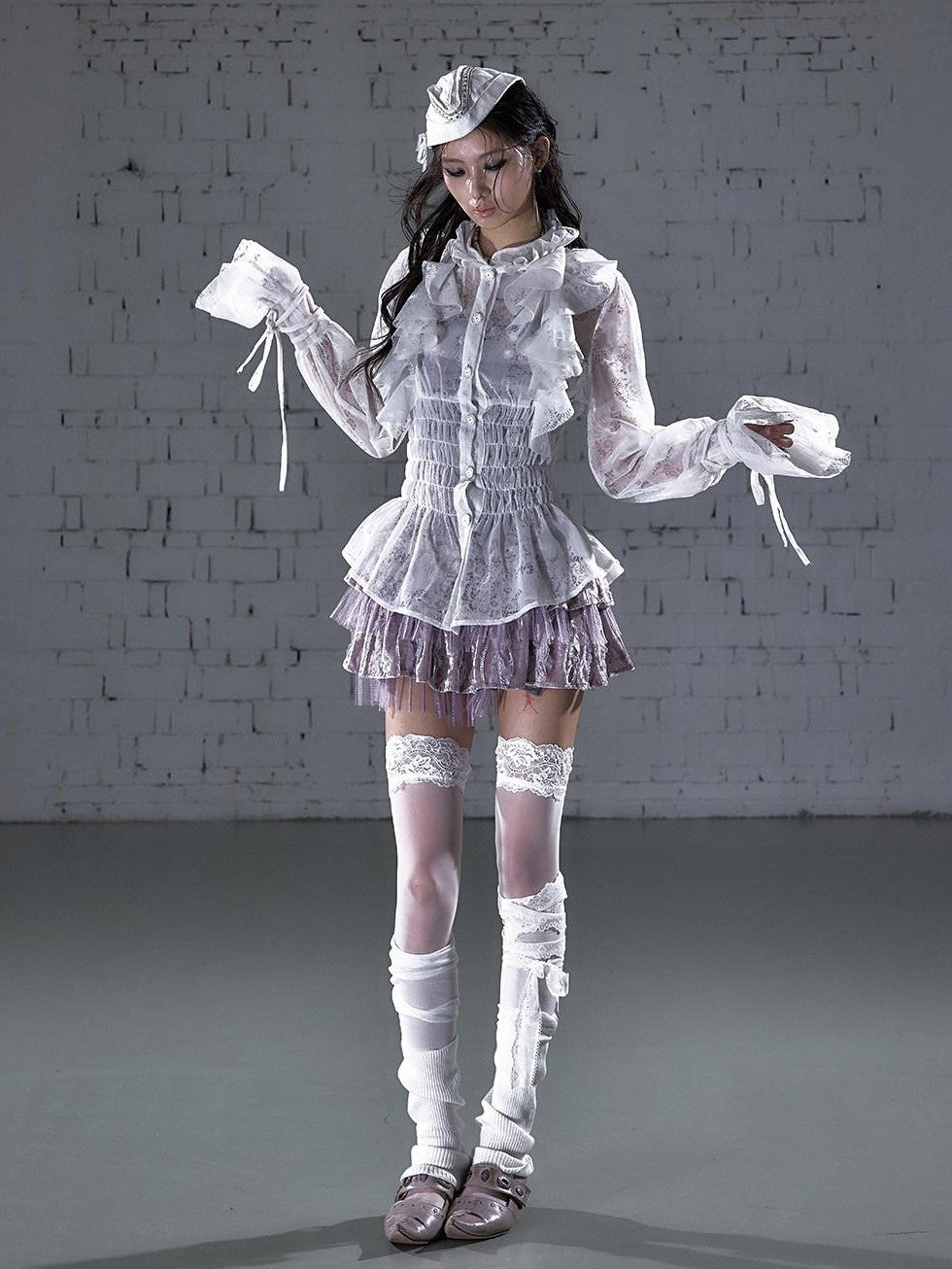 NO ROMANCE Dreamy Court Ruffle Gathered Waist Stand Collar Women&