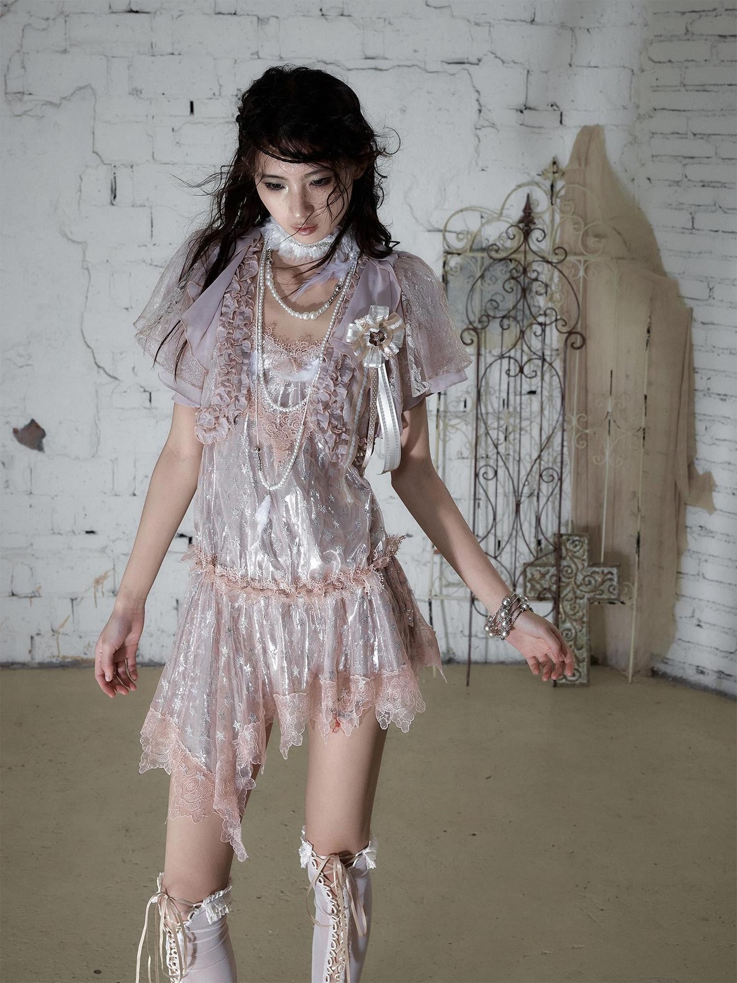 NO ROMANCE Dreamy Irregular Star Lace Drawstring Strappy Women&