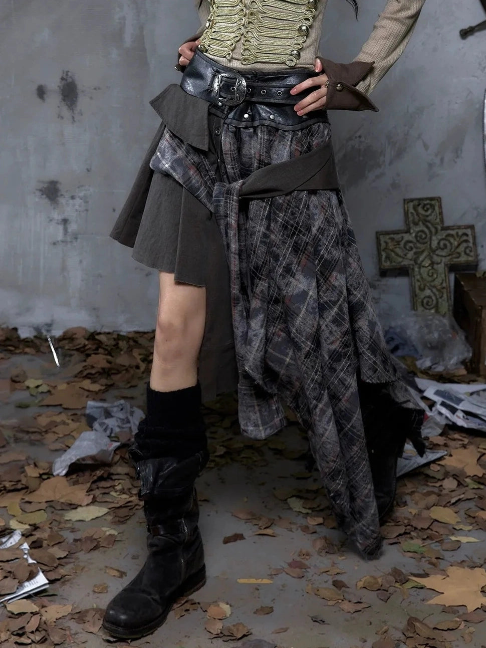 NO ROMANCE Edgy Asymmetric Wrap Patchwork Slim Fit Mid Waist Women Rock Citywalk Skirt