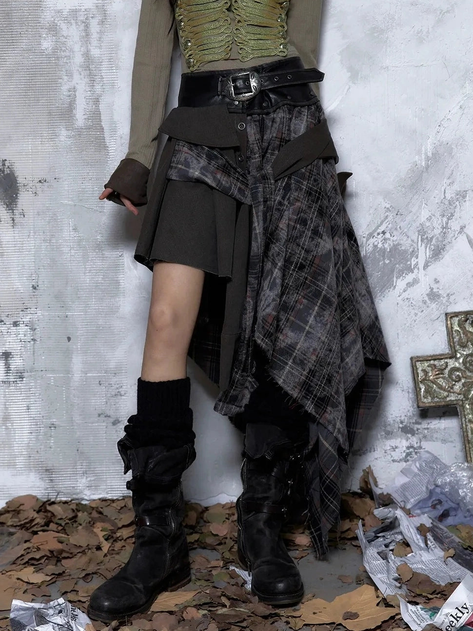 NO ROMANCE Edgy Asymmetric Wrap Patchwork Slim Fit Mid Waist Women Rock Citywalk Skirt